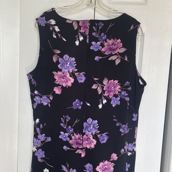 Women Black Floral Scoop Neck Sleeveless Midi Dress Size 12 Vintage - Picture 5 of 10
